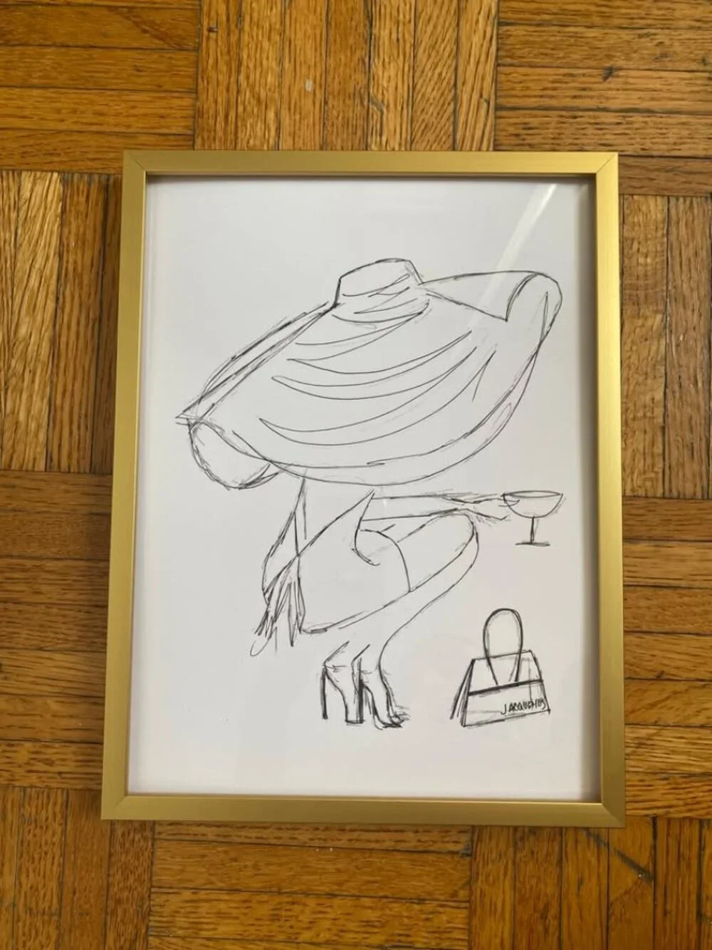 Medium Fashion Art Sketch of a Woman Wearing Jacquemus in Gold Frame